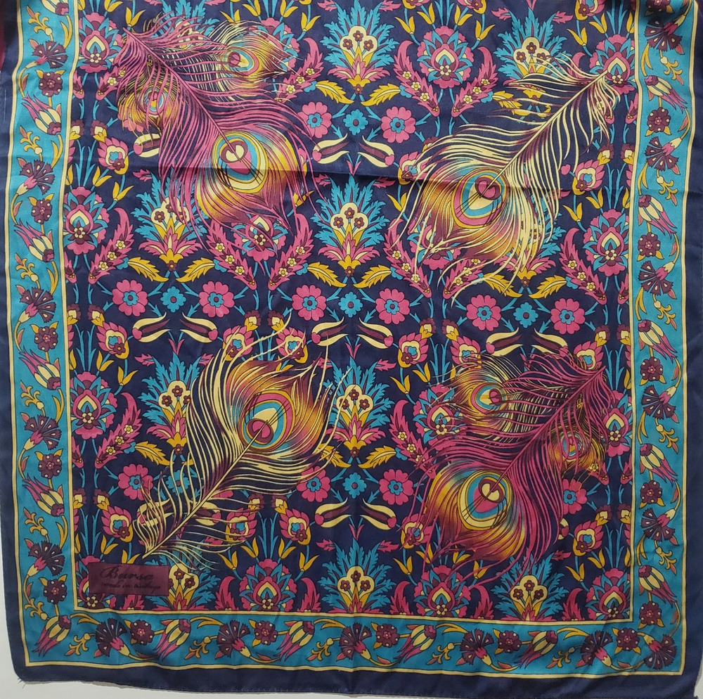 Bursa Silk Art Vintage Silk Scarf Oblong Peacock Feather Paisley Turkey 22x64